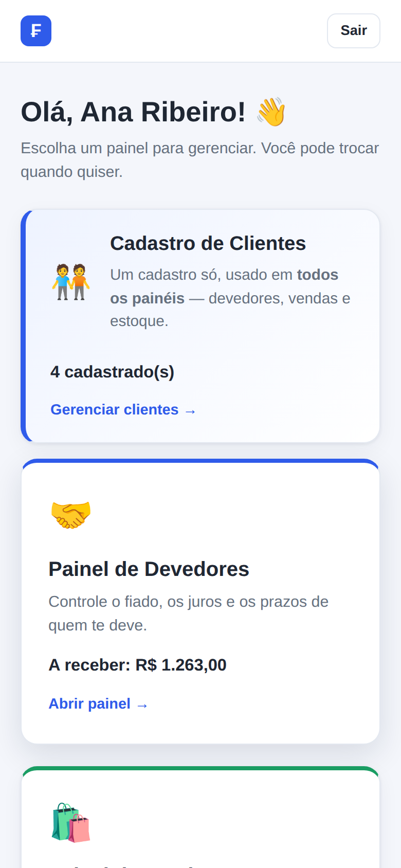 Cofin aberto em um celular mostrando os painéis