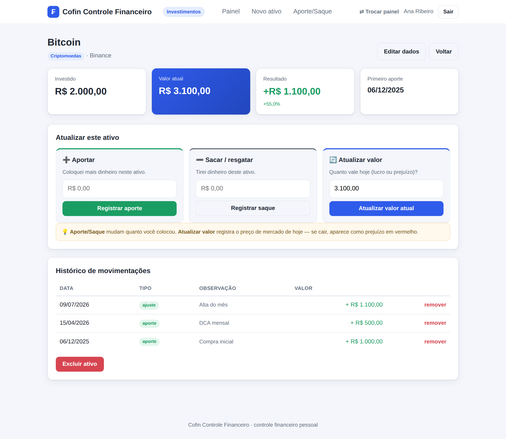 Detalhe de um investimento com botões de aporte, saque e ajuste de valor