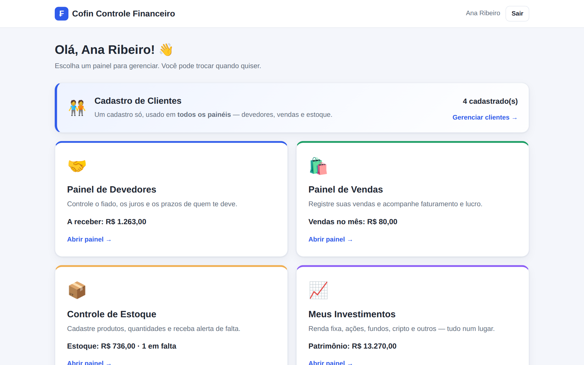 Painel do Cofin mostrando total a receber, dívidas abertas e próximos vencimentos